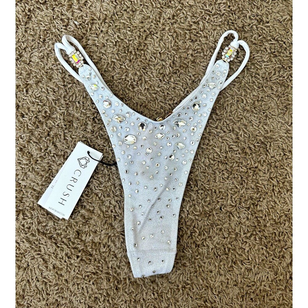 CRUSH Women's White Solid Rhinestone Thong Bikini Bottom Size M Regular